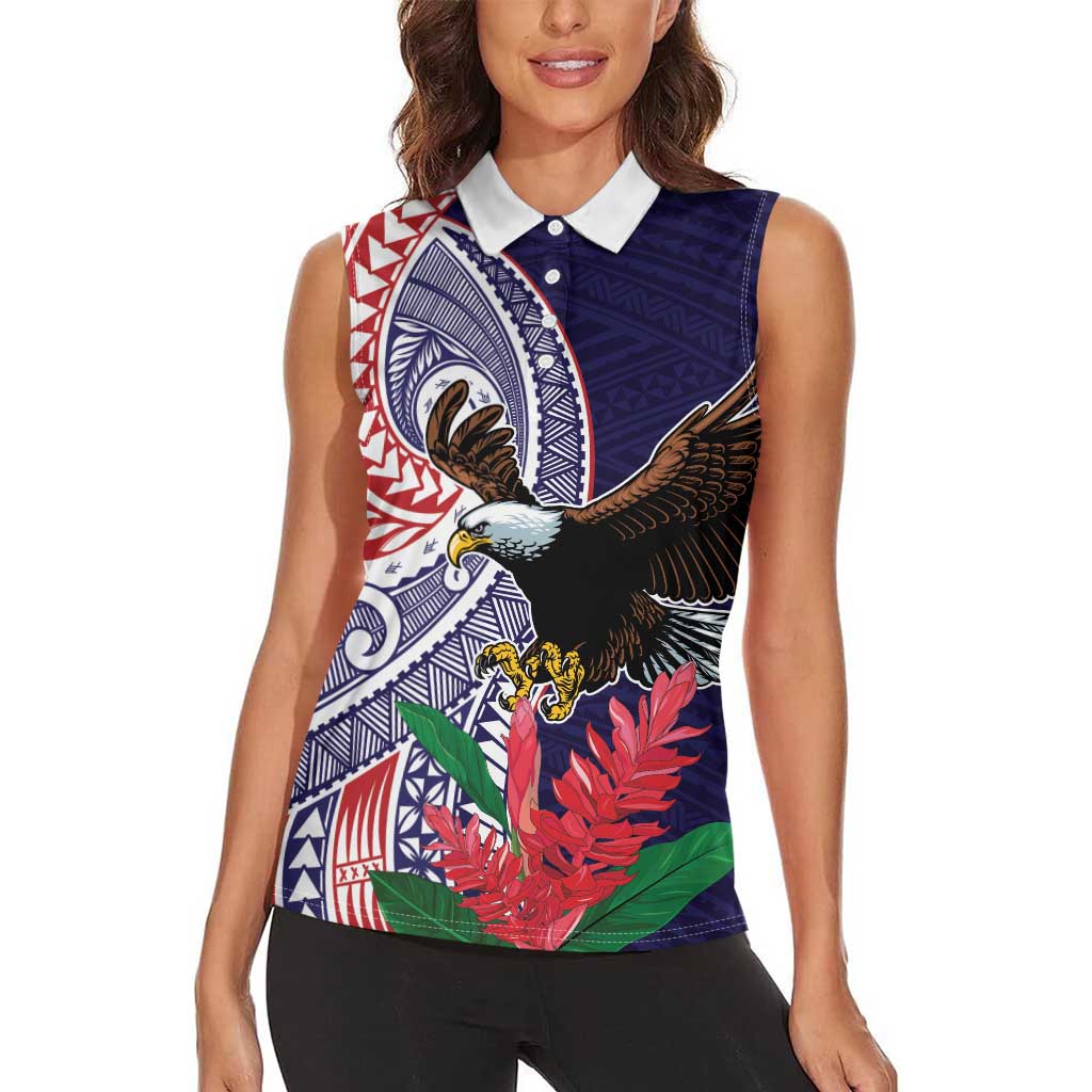 American Samoa Bald Eagle Personalized Women Sleeveless Polo Shirt Polynesian Teuila Flowers - Polynesian Pride
