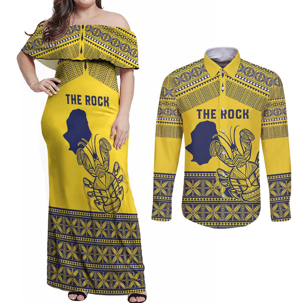 Niue Crab Personalised Couples Matching Off Shoulder Maxi Dress and Long Sleeve Button Shirt Niuean Hiapo Pattern - Polynesian Pride