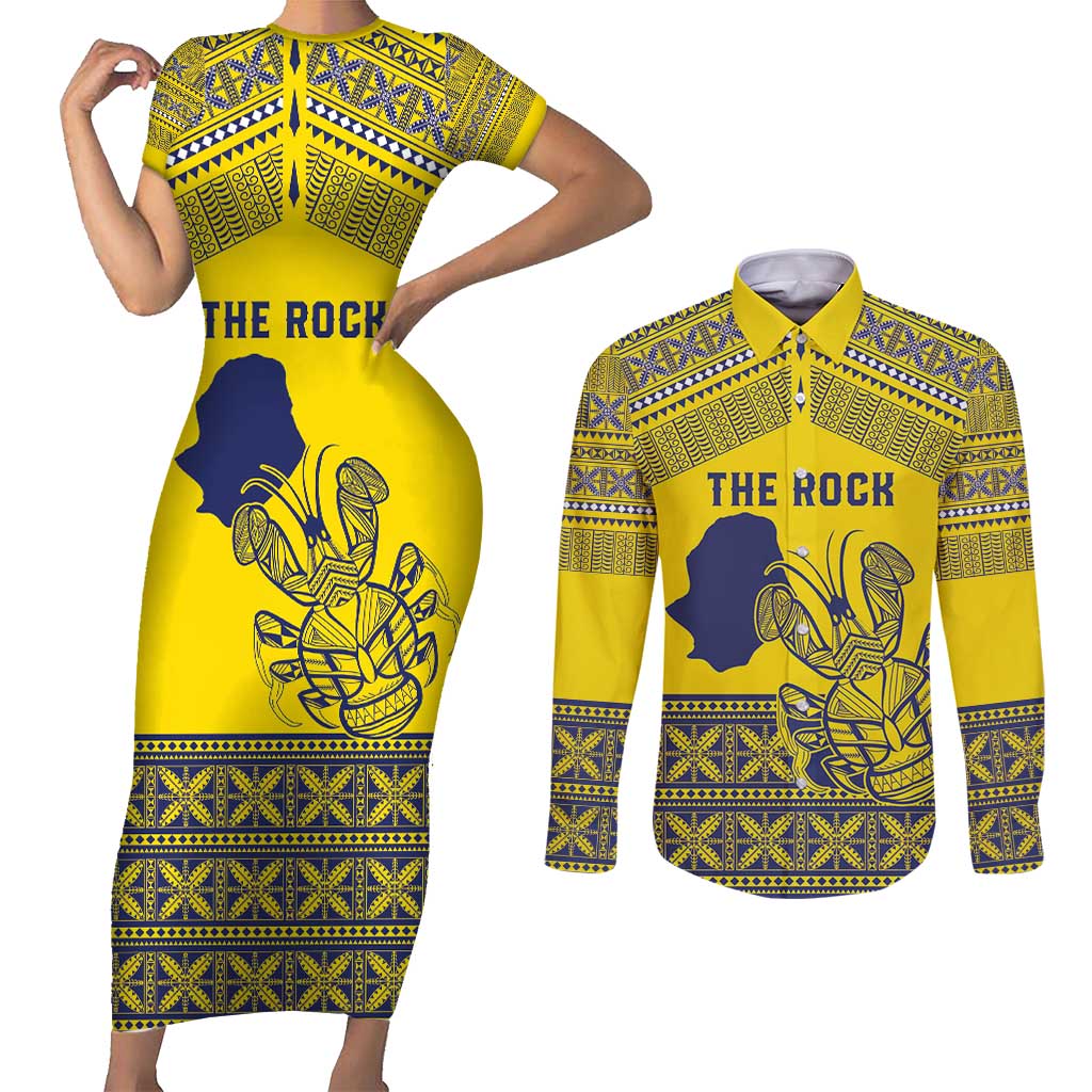 Niue Crab Personalised Couples Matching Short Sleeve Bodycon Dress and Long Sleeve Button Shirt Niuean Hiapo Pattern LT9 Gold - Polynesian Pride