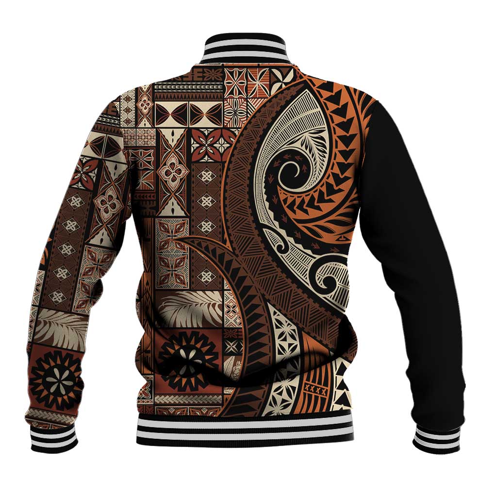 Vintage Samoa Siapo Mamanu Baseball Jacket Brown Samoan Tapa Motif - Polynesian Pride