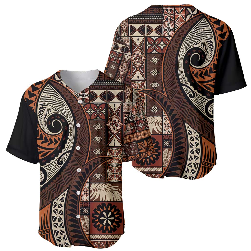 Vintage Samoa Siapo Mamanu Baseball Jersey Brown Samoan Tapa Motif - Polynesian Pride