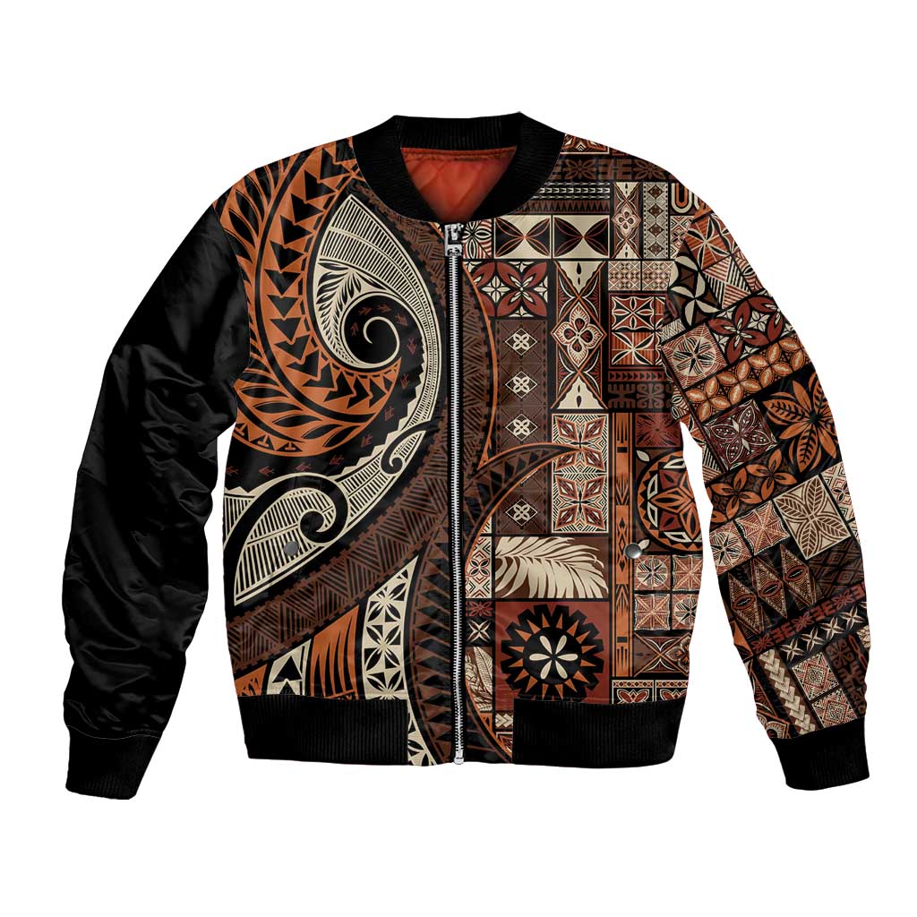 Vintage Samoa Siapo Mamanu Bomber Jacket Brown Samoan Tapa Motif - Polynesian Pride