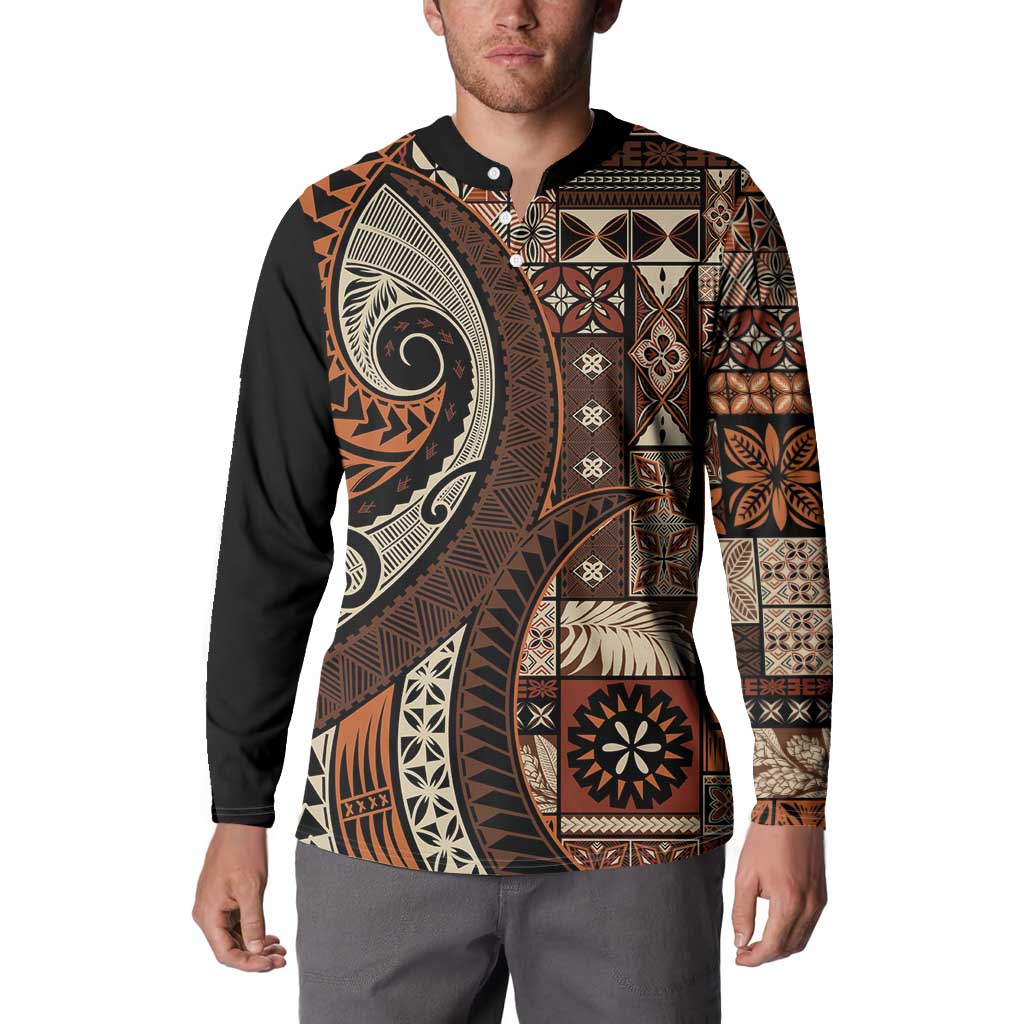 Vintage Samoa Siapo Mamanu Button Sweatshirt Brown Samoan Tapa Motif - Polynesian Pride