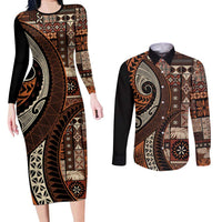 Vintage Samoa Siapo Mamanu Couples Matching Long Sleeve Bodycon Dress and Long Sleeve Button Shirt Brown Samoan Tapa Motif - Polynesian Pride