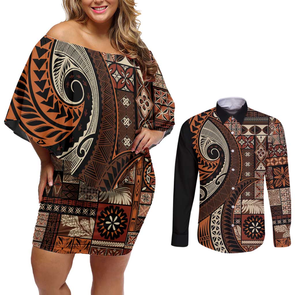Vintage Samoa Siapo Mamanu Couples Matching Off Shoulder Short Dress and Long Sleeve Button Shirt Brown Samoan Tapa Motif - Polynesian Pride