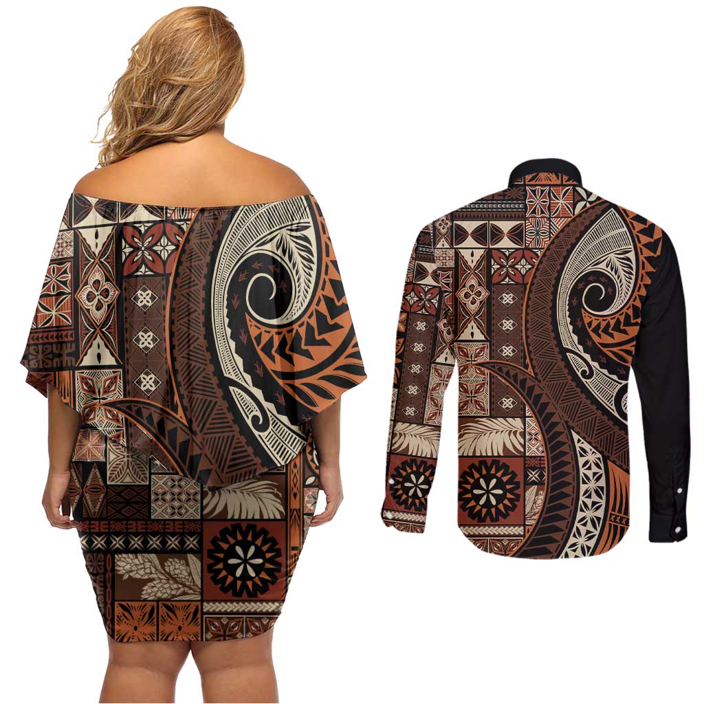 Vintage Samoa Siapo Mamanu Couples Matching Off Shoulder Short Dress and Long Sleeve Button Shirt Brown Samoan Tapa Motif - Polynesian Pride