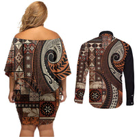 Vintage Samoa Siapo Mamanu Couples Matching Off Shoulder Short Dress and Long Sleeve Button Shirt Brown Samoan Tapa Motif - Polynesian Pride
