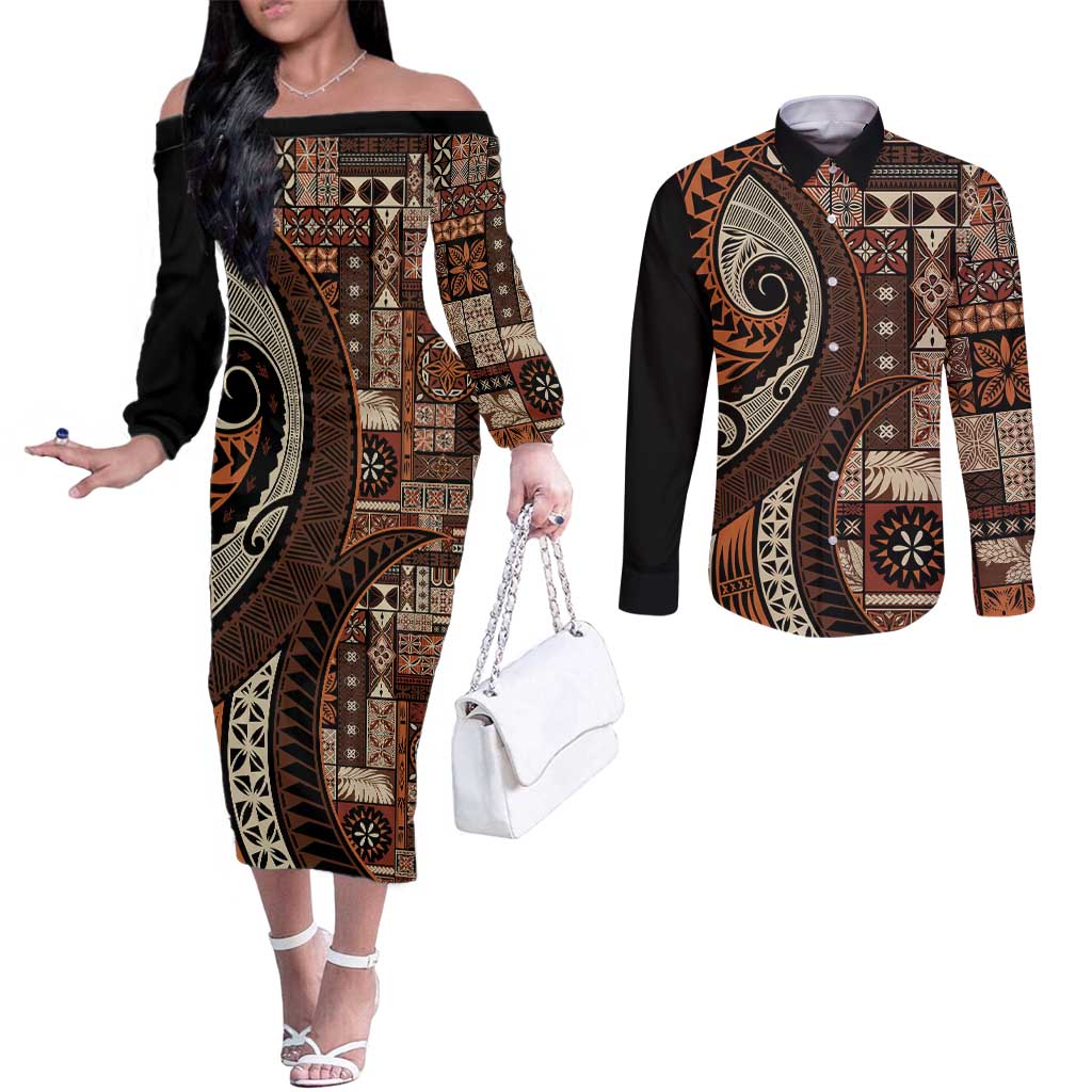 Vintage Samoa Siapo Mamanu Couples Matching Off The Shoulder Long Sleeve Dress and Long Sleeve Button Shirt Brown Samoan Tapa Motif - Polynesian Pride