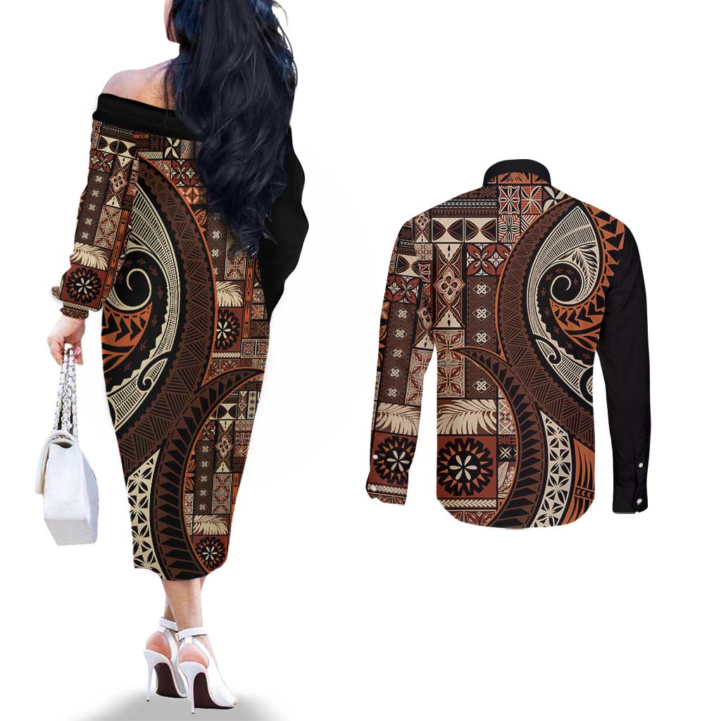 Vintage Samoa Siapo Mamanu Couples Matching Off The Shoulder Long Sleeve Dress and Long Sleeve Button Shirt Brown Samoan Tapa Motif - Polynesian Pride
