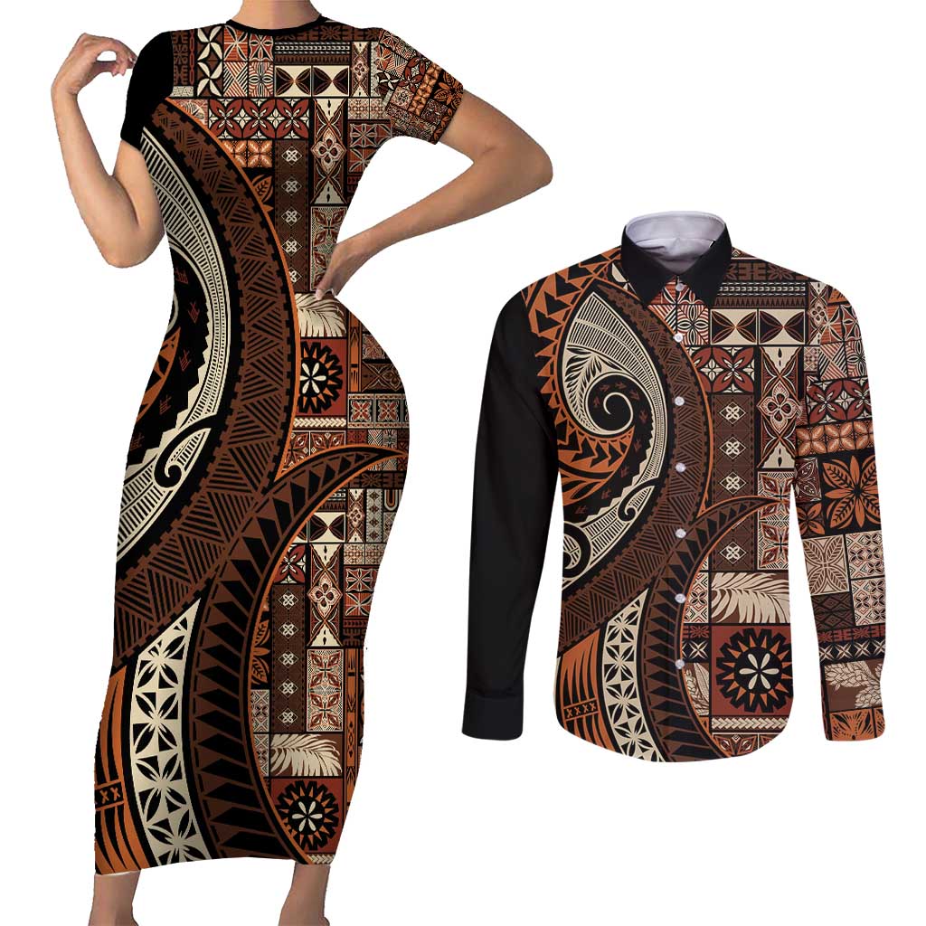 Vintage Samoa Siapo Mamanu Couples Matching Short Sleeve Bodycon Dress and Long Sleeve Button Shirt Brown Samoan Tapa Motif - Polynesian Pride
