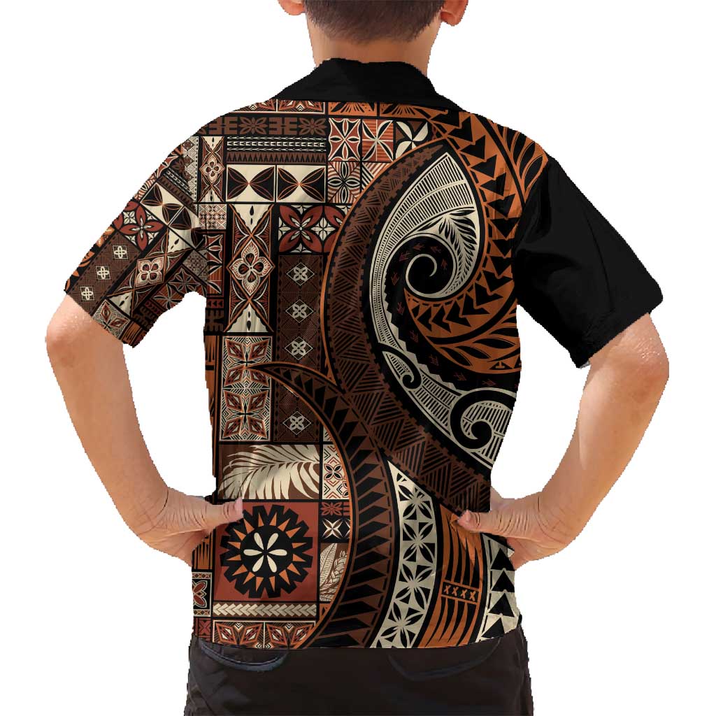 Vintage Samoa Siapo Mamanu Family Matching Long Sleeve Bodycon Dress and Hawaiian Shirt Brown Samoan Tapa Motif LT9 - Polynesian Pride