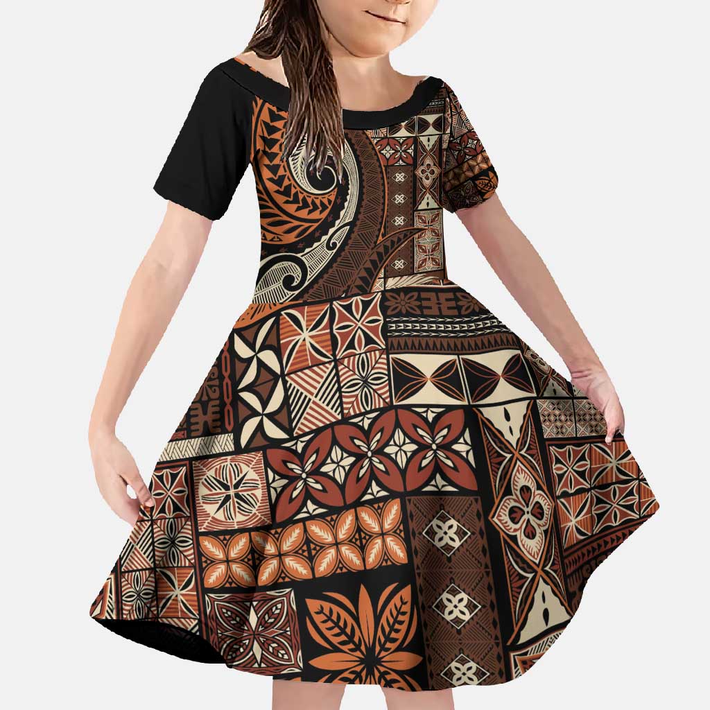 Vintage Samoa Siapo Mamanu Family Matching Long Sleeve Bodycon Dress and Hawaiian Shirt Brown Samoan Tapa Motif LT9 Daughter's Dress Brown - Polynesian Pride