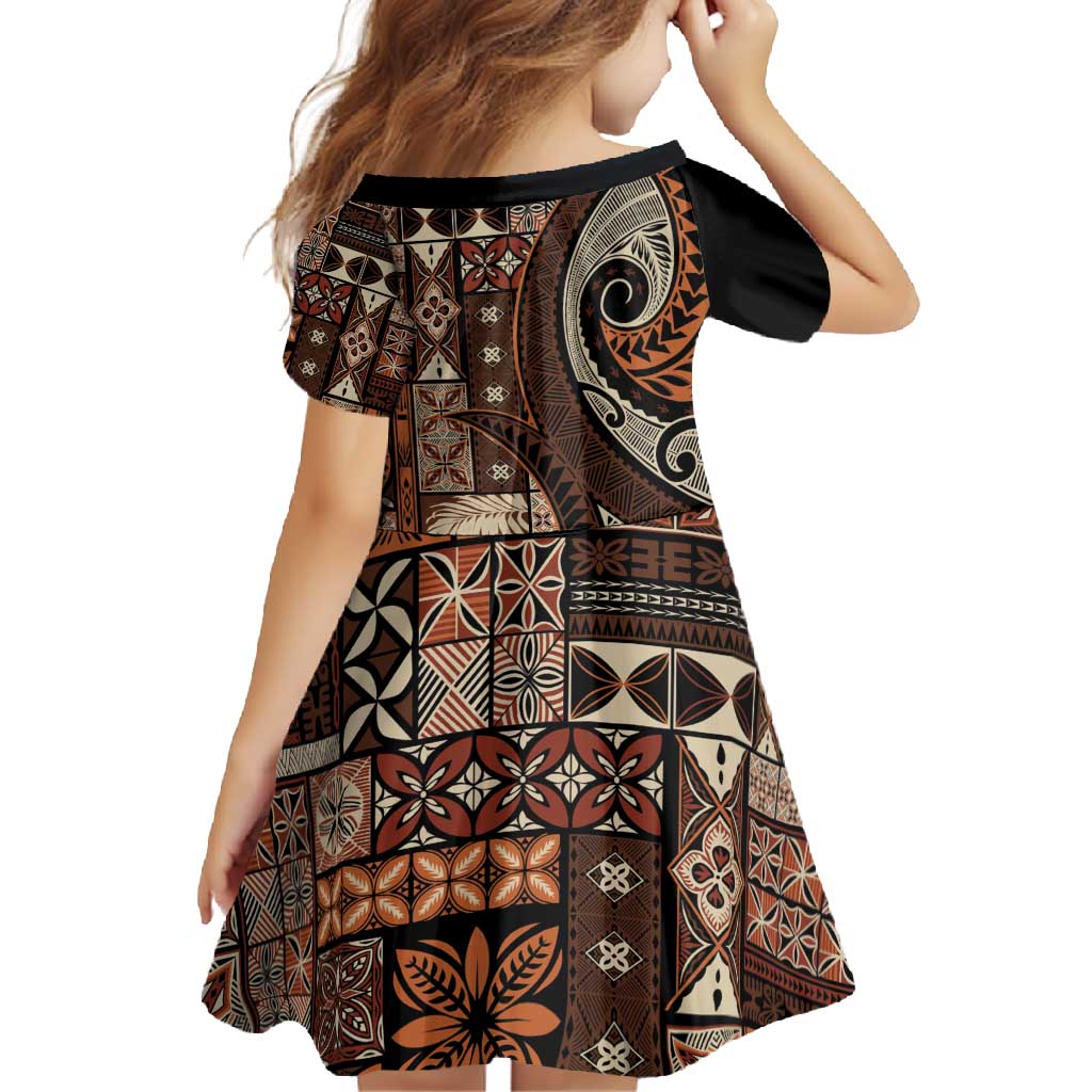Vintage Samoa Siapo Mamanu Family Matching Long Sleeve Bodycon Dress and Hawaiian Shirt Brown Samoan Tapa Motif LT9 - Polynesian Pride
