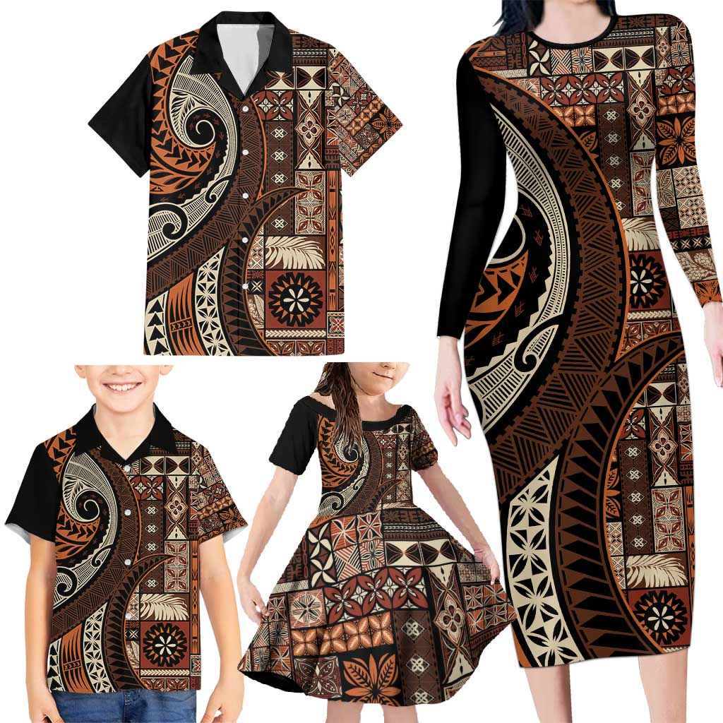 Vintage Samoa Siapo Mamanu Family Matching Long Sleeve Bodycon Dress and Hawaiian Shirt Brown Samoan Tapa Motif LT9 - Polynesian Pride