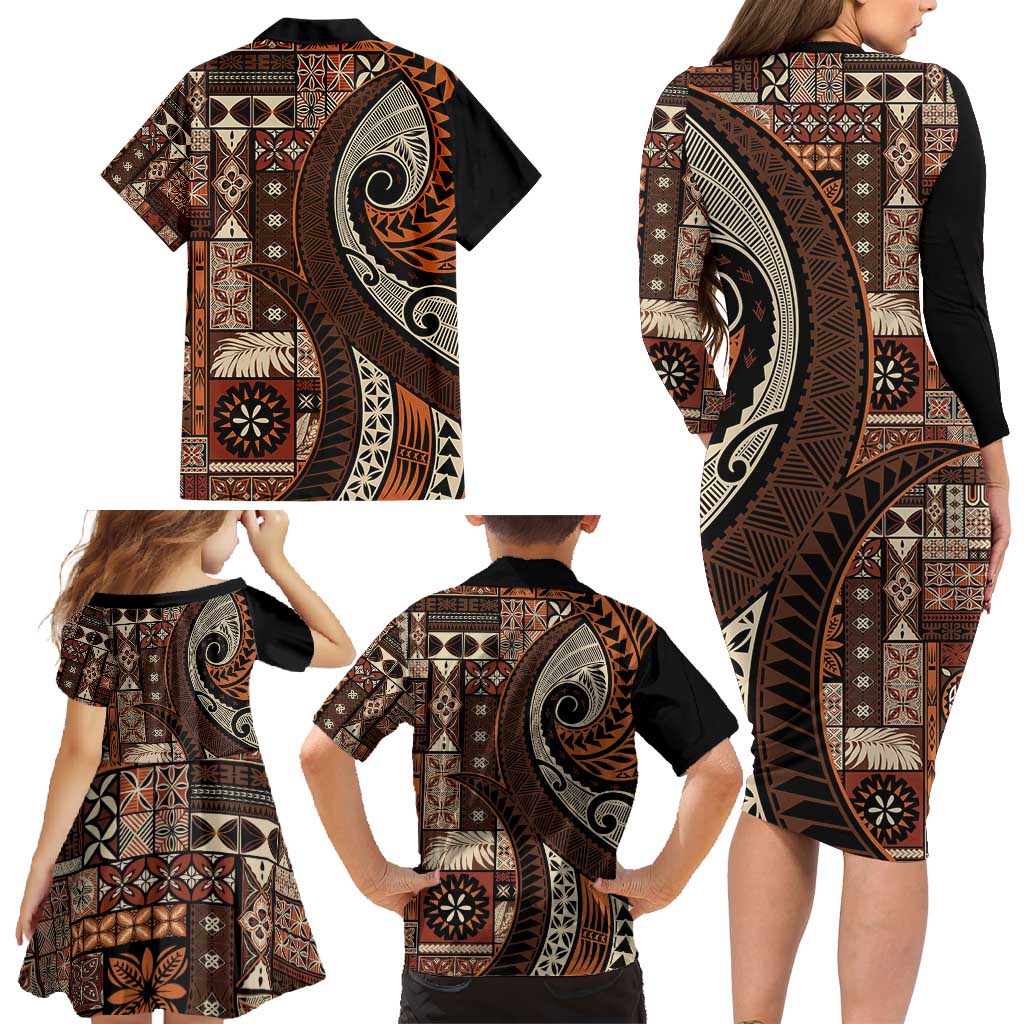 Vintage Samoa Siapo Mamanu Family Matching Long Sleeve Bodycon Dress and Hawaiian Shirt Brown Samoan Tapa Motif LT9 - Polynesian Pride