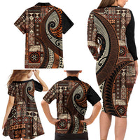 Vintage Samoa Siapo Mamanu Family Matching Long Sleeve Bodycon Dress and Hawaiian Shirt Brown Samoan Tapa Motif LT9 - Polynesian Pride