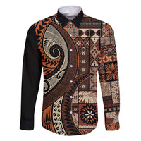 Vintage Samoa Siapo Mamanu Family Matching Long Sleeve Bodycon Dress and Hawaiian Shirt Brown Samoan Tapa Motif LT9 Dad's Shirt - Long Sleeve Brown - Polynesian Pride