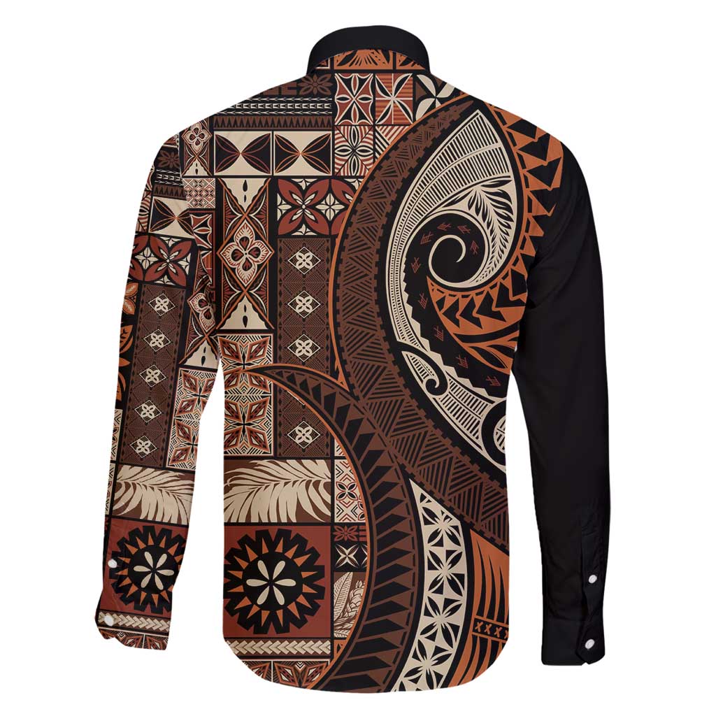 Vintage Samoa Siapo Mamanu Family Matching Long Sleeve Bodycon Dress and Hawaiian Shirt Brown Samoan Tapa Motif LT9 - Polynesian Pride