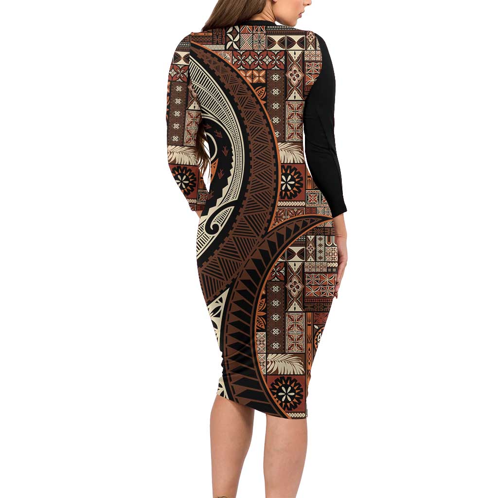 Vintage Samoa Siapo Mamanu Family Matching Long Sleeve Bodycon Dress and Hawaiian Shirt Brown Samoan Tapa Motif LT9 - Polynesian Pride