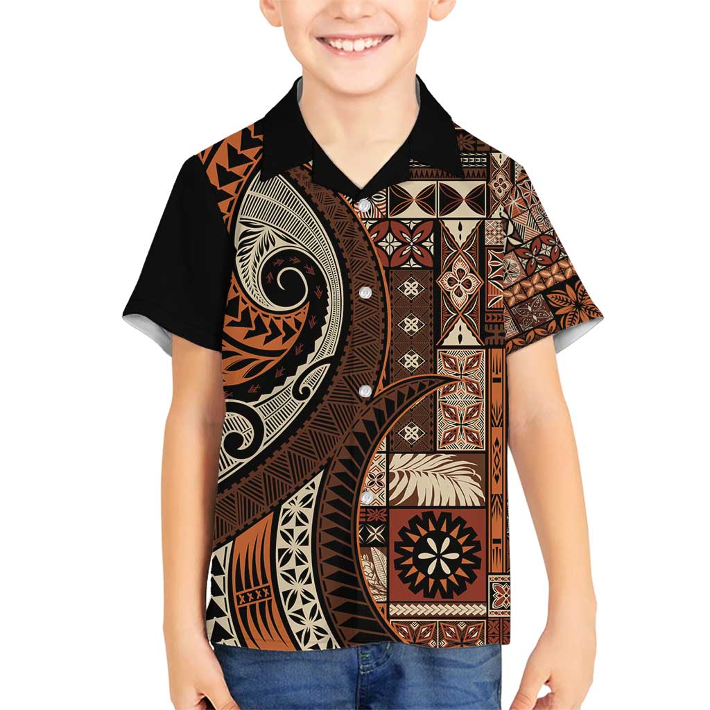 Vintage Samoa Siapo Mamanu Family Matching Long Sleeve Bodycon Dress and Hawaiian Shirt Brown Samoan Tapa Motif LT9 Son's Shirt Brown - Polynesian Pride