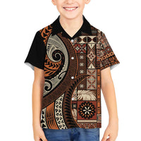 Vintage Samoa Siapo Mamanu Family Matching Long Sleeve Bodycon Dress and Hawaiian Shirt Brown Samoan Tapa Motif LT9 Son's Shirt Brown - Polynesian Pride