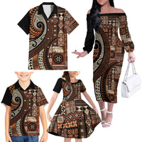 Vintage Samoa Siapo Mamanu Family Matching Off The Shoulder Long Sleeve Dress and Hawaiian Shirt Brown Samoan Tapa Motif - Polynesian Pride