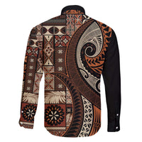 Vintage Samoa Siapo Mamanu Family Matching Off The Shoulder Long Sleeve Dress and Hawaiian Shirt Brown Samoan Tapa Motif - Polynesian Pride