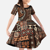 Vintage Samoa Siapo Mamanu Family Matching Off Shoulder Maxi Dress and Hawaiian Shirt Brown Samoan Tapa Motif - Polynesian Pride