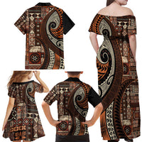 Vintage Samoa Siapo Mamanu Family Matching Off Shoulder Maxi Dress and Hawaiian Shirt Brown Samoan Tapa Motif - Polynesian Pride