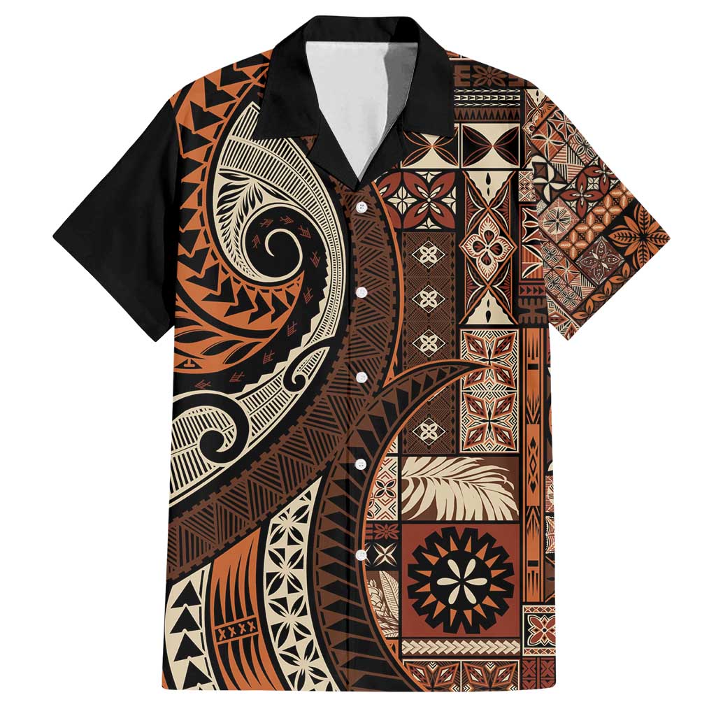 Vintage Samoa Siapo Mamanu Family Matching Off Shoulder Maxi Dress and Hawaiian Shirt Brown Samoan Tapa Motif - Polynesian Pride
