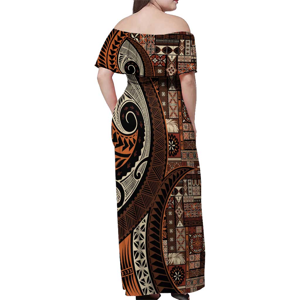 Vintage Samoa Siapo Mamanu Family Matching Off Shoulder Maxi Dress and Hawaiian Shirt Brown Samoan Tapa Motif - Polynesian Pride
