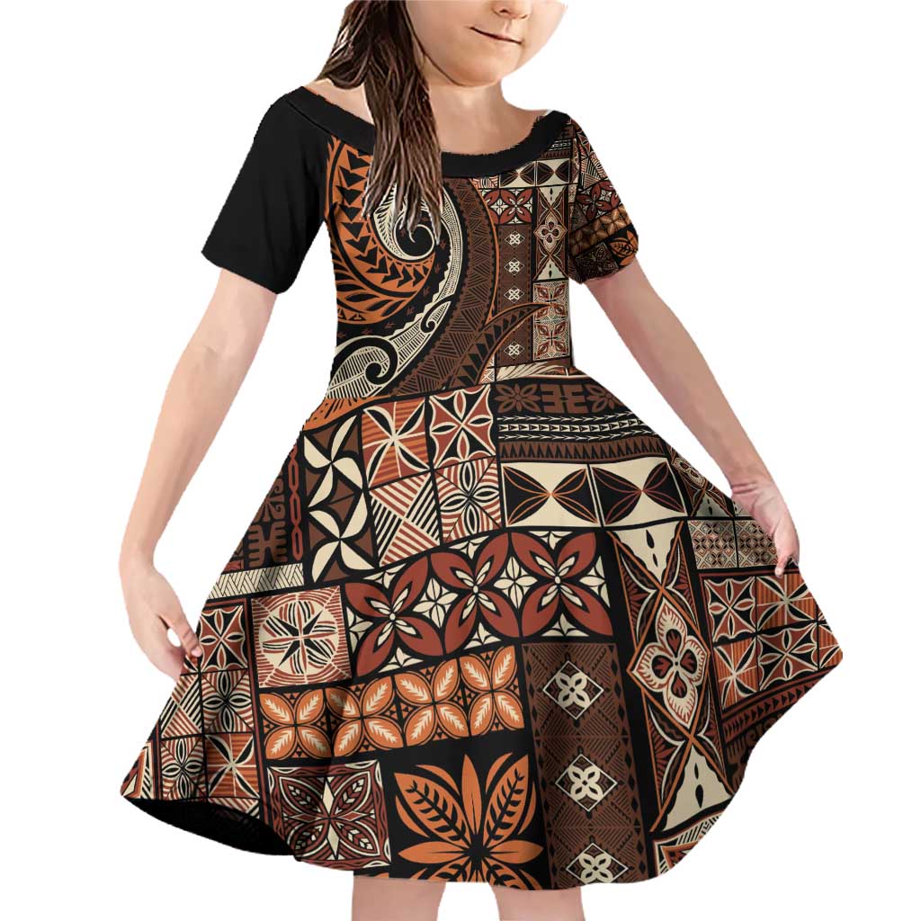 Vintage Samoa Siapo Mamanu Family Matching Off Shoulder Short Dress and Hawaiian Shirt Brown Samoan Tapa Motif - Polynesian Pride