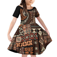 Vintage Samoa Siapo Mamanu Family Matching Off Shoulder Short Dress and Hawaiian Shirt Brown Samoan Tapa Motif - Polynesian Pride
