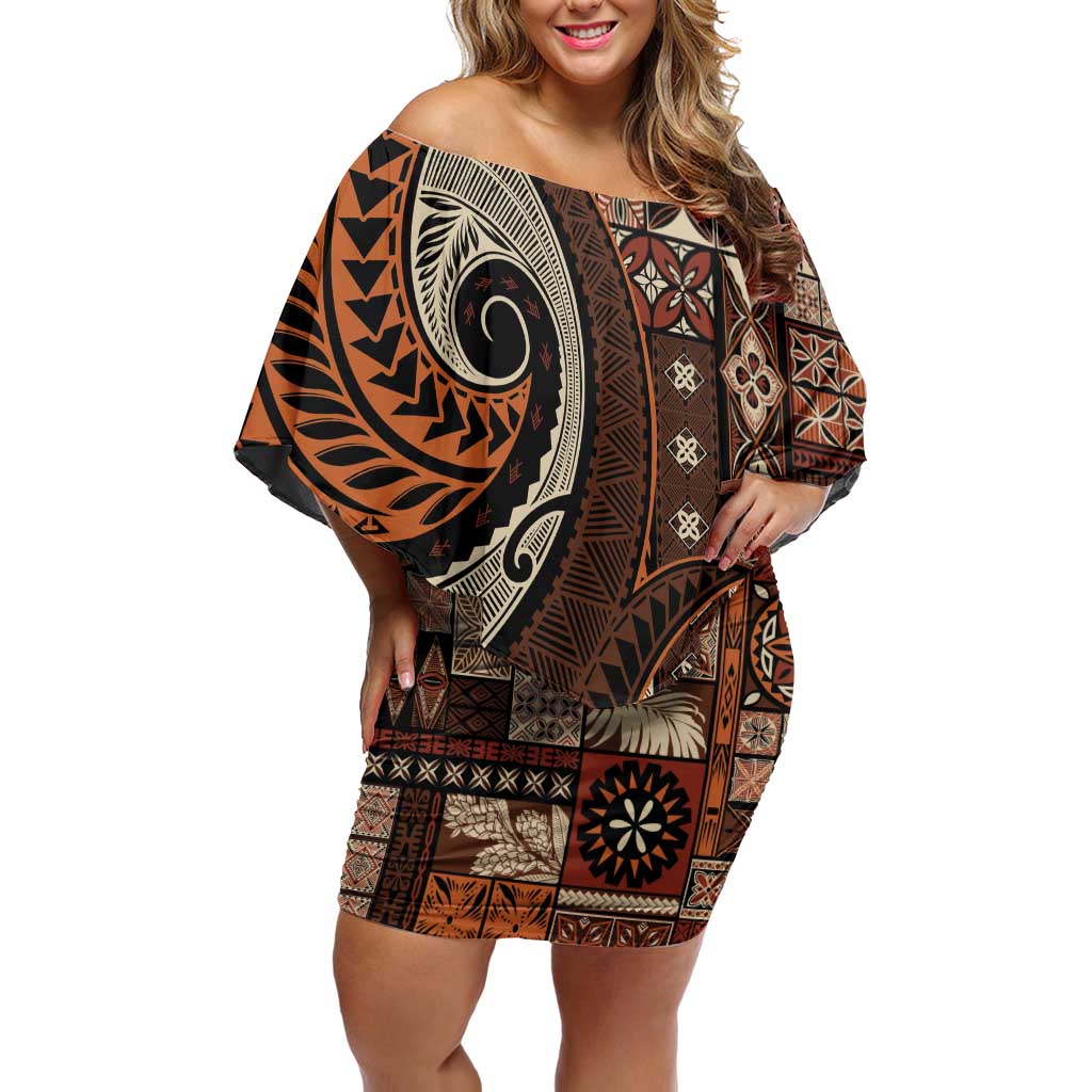 Vintage Samoa Siapo Mamanu Family Matching Off Shoulder Short Dress and Hawaiian Shirt Brown Samoan Tapa Motif - Polynesian Pride