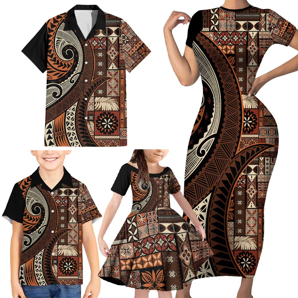 Vintage Samoa Siapo Mamanu Family Matching Short Sleeve Bodycon Dress and Hawaiian Shirt Brown Samoan Tapa Motif - Polynesian Pride