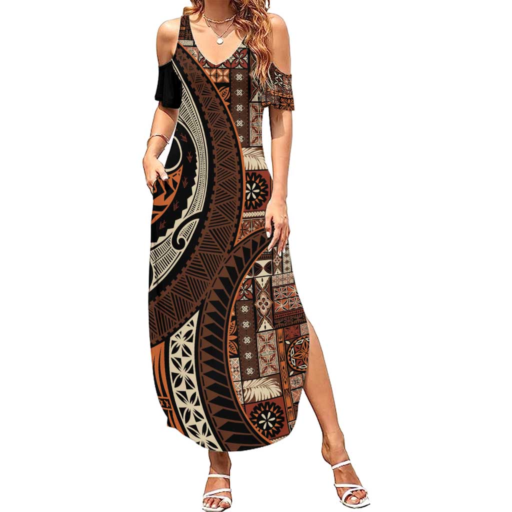 Vintage Samoa Siapo Mamanu Family Matching Summer Maxi Dress and Hawaiian Shirt Brown Samoan Tapa Motif - Polynesian Pride