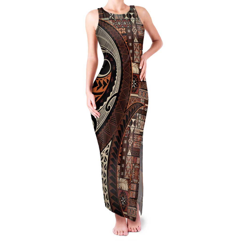 Vintage Samoa Siapo Mamanu Family Matching Tank Maxi Dress and Hawaiian Shirt Brown Samoan Tapa Motif - Polynesian Pride
