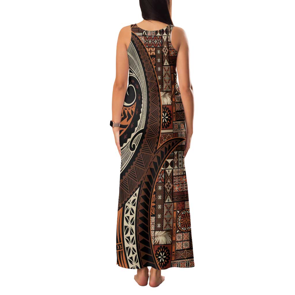 Vintage Samoa Siapo Mamanu Family Matching Tank Maxi Dress and Hawaiian Shirt Brown Samoan Tapa Motif - Polynesian Pride