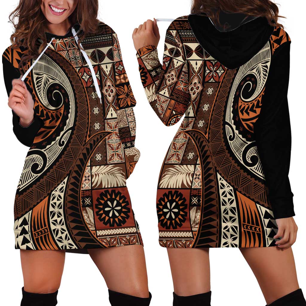Vintage Samoa Siapo Mamanu Hoodie Dress Brown Samoan Tapa Motif - Polynesian Pride