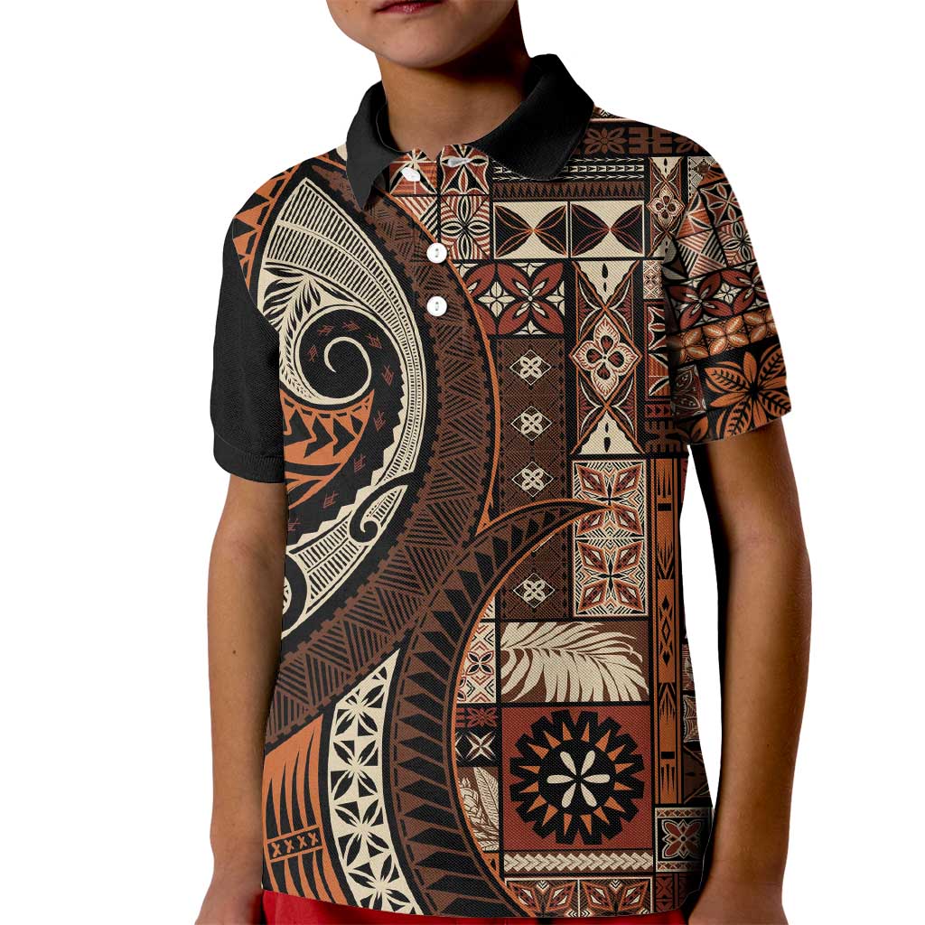 Vintage Samoa Siapo Mamanu Kid Polo Shirt Brown Samoan Tapa Motif LT9 Kid Brown - Polynesian Pride