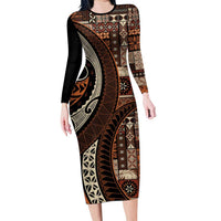 Vintage Samoa Siapo Mamanu Long Sleeve Bodycon Dress Brown Samoan Tapa Motif - Polynesian Pride