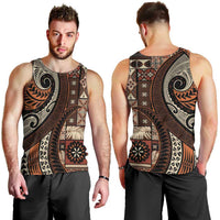 Vintage Samoa Siapo Mamanu Men Tank Top Brown Samoan Tapa Motif - Polynesian Pride