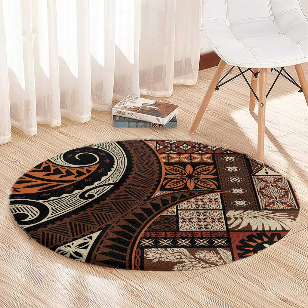Vintage Samoa Siapo Mamanu Round Carpet Brown Samoan Tapa Motif - Polynesian Pride