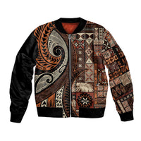 Vintage Samoa Siapo Mamanu Sleeve Zip Bomber Jacket Brown Samoan Tapa Motif - Polynesian Pride
