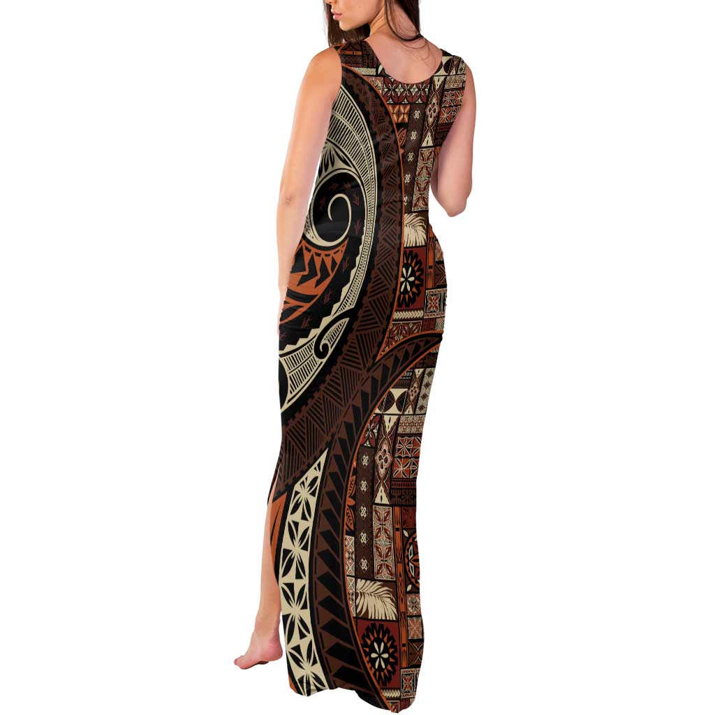 Vintage Samoa Siapo Mamanu Tank Maxi Dress Brown Samoan Tapa Motif - Polynesian Pride