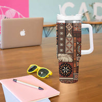 Vintage Samoa Siapo Mamanu Tumbler With Handle Brown Samoan Tapa Motif - Polynesian Pride