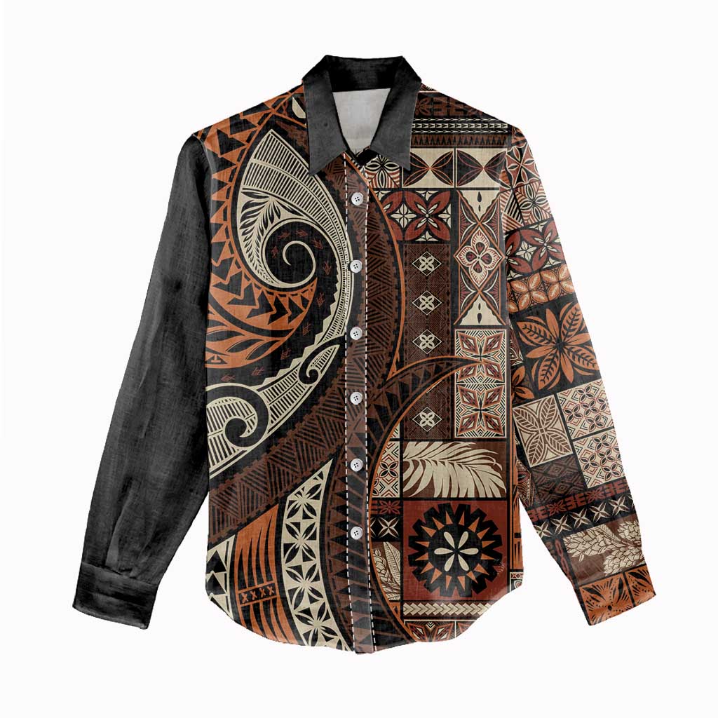 Vintage Samoa Siapo Mamanu Women Casual Shirt Brown Samoan Tapa Motif - Polynesian Pride