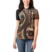 Vintage Samoa Siapo Mamanu Women Polo Shirt Brown Samoan Tapa Motif - Polynesian Pride