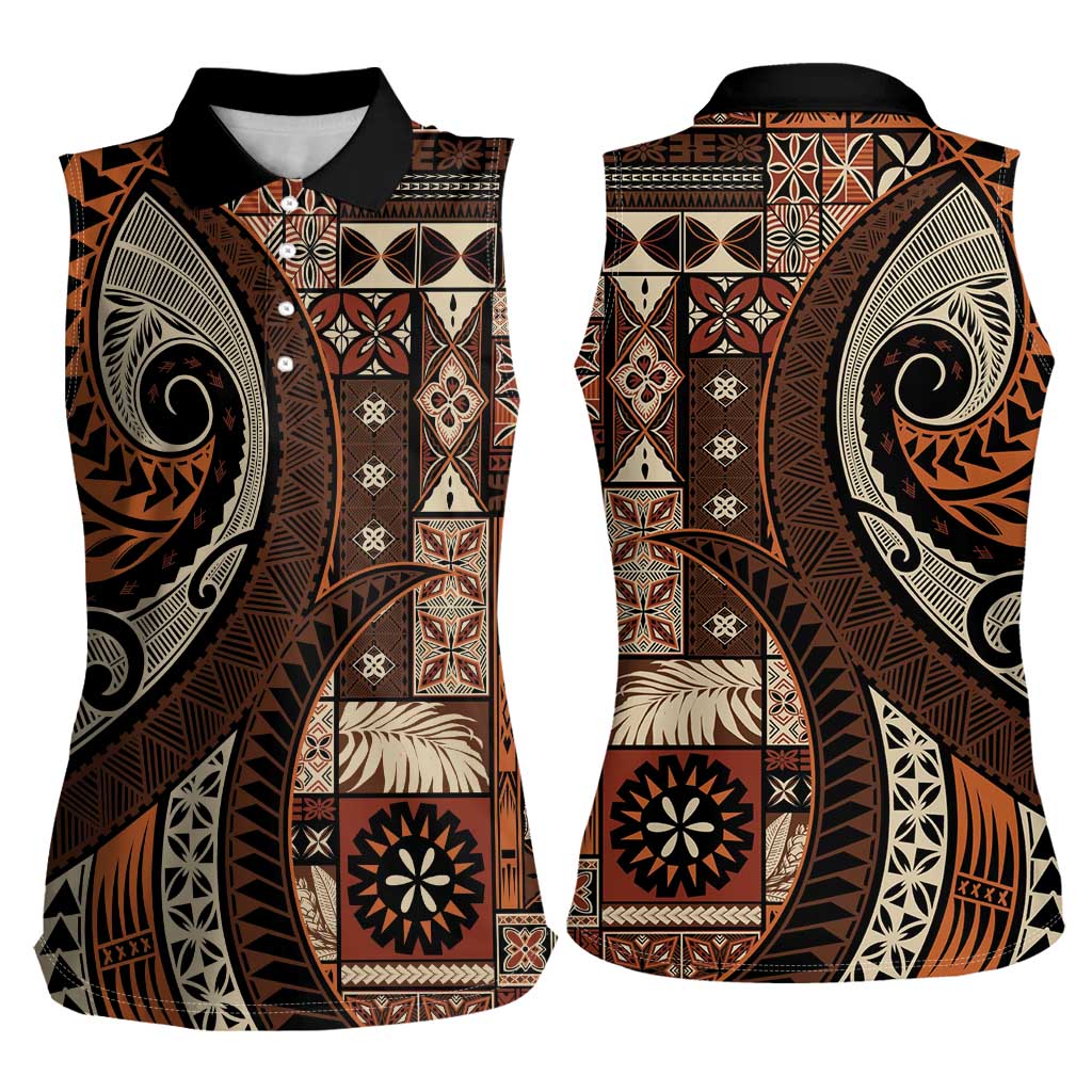 Vintage Samoa Siapo Mamanu Women Sleeveless Polo Shirt Brown Samoan Tapa Motif - Polynesian Pride