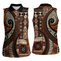 Vintage Samoa Siapo Mamanu Women Sleeveless Polo Shirt Brown Samoan Tapa Motif - Polynesian Pride